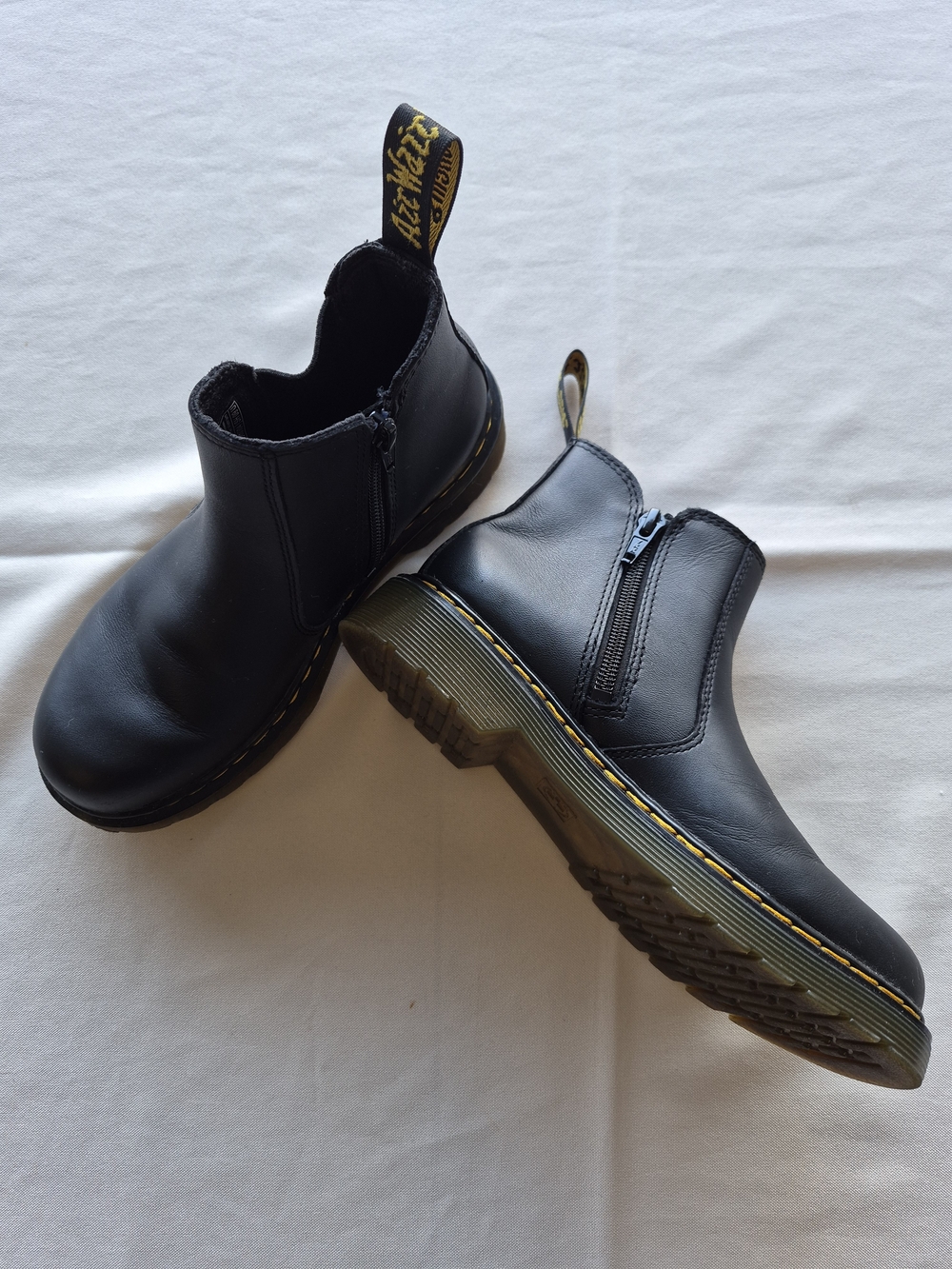 Dr. Martens Black Leather Chelsea Zip Boots with Yellow Stitching